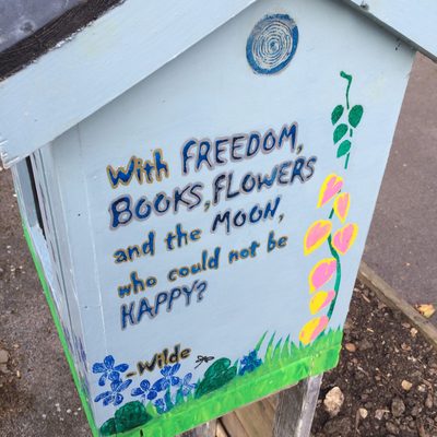 The words "With FREEDOM, BOOKS, FLOWERS and the MOON, who could not be HAPPY? - Wilde" painted on a pale blue painted wooden box decorated with flowers.