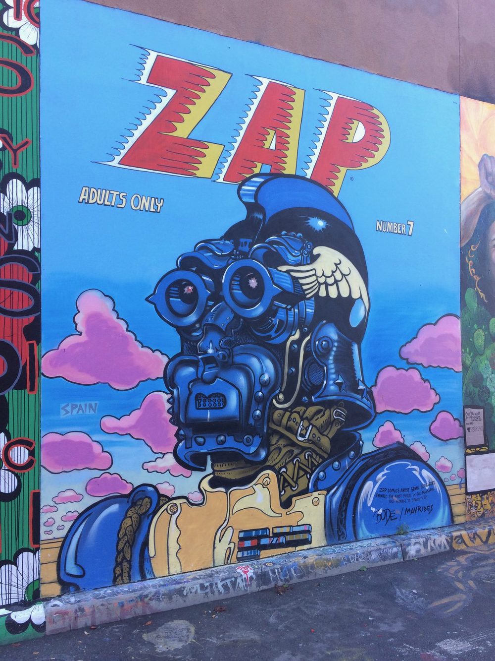 A recreation of Zap Comix No. 7 — a futuristic armoured figure under pink clouds with the title "ZAP" and the text "Adults Only" and "Number 7".
