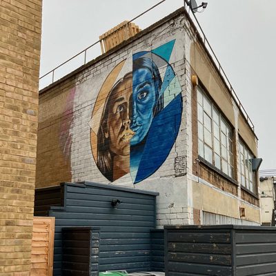 Two overlapping faces inside a large circle — one natural-toned, one blue and geometric — painted on a building wall.