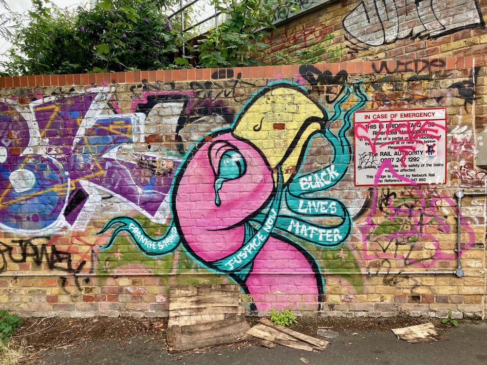 A large pink bird with teal ribbon-like feathers carrying the words "Black Lives Matter" and "Justice", on a brick wall covered in surrounding graffiti.
