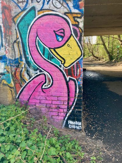 A large pink flamingo painted on a graffiti-covered bridge support, beside a path running under the bridge.