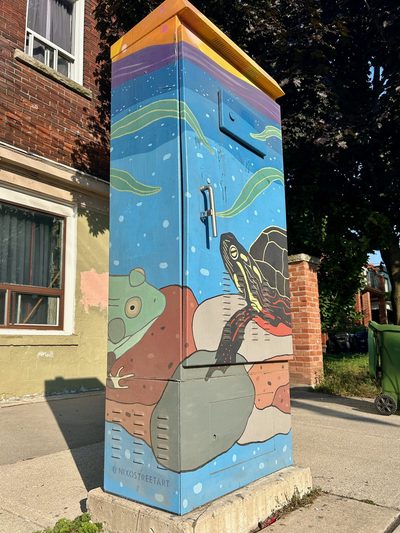 An underwater scene with a turtle, a frog, rocks, bubbles, and green water plants, painted on a blue utility box; signed "@nixostreetart".