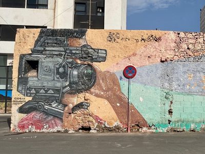 A person holding a large broadcast shoulder-mount camera, painted on a weathered wall beside a no-parking sign.