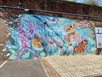 A hare, a robin, a blue tit in flight, echinacea flowers, and a peacock butterfly painted against a turquoise background as a bright wildlife mural.