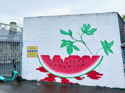 A large watermelon slice with green vines growing from it and red puddles beneath, painted on a white wall.
